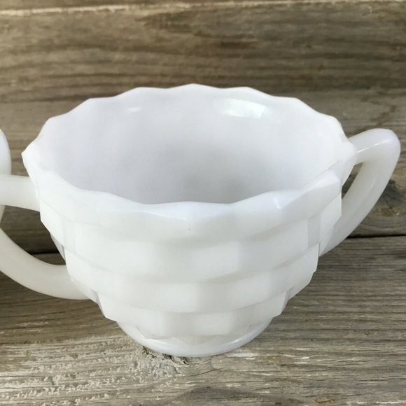 Hazel Atlas Cubed Cream and Sugar, Milk Glass Cream and Sugar, Cubist Pattern, V - Picture 6 of 10